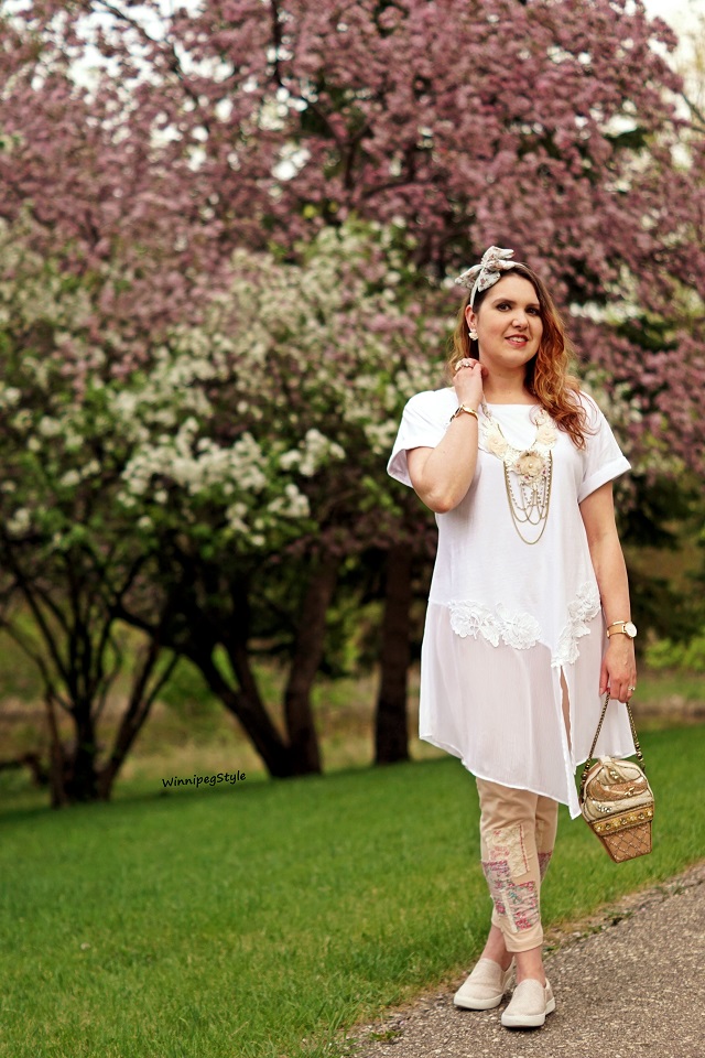 Winnipeg Style, Canadian Fashion consultant blog, stylist, April Cornell Hobo leggings patches patched pink peach, country chic, floral fabric, Anthropologie Akemi & Kin Kris white lace chiffon tunic top, Mary Frances Accessories Ice Cream beaded clutch purse bag, Naturalizer Marianne slip on sneakers pink cream metallic